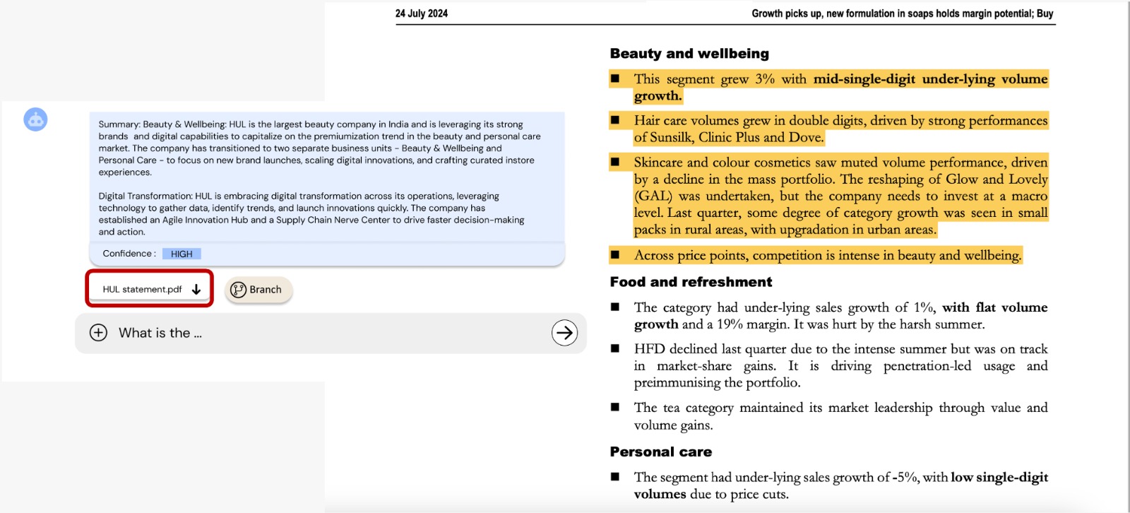 Source document with the exact passage behind the answer highlighted